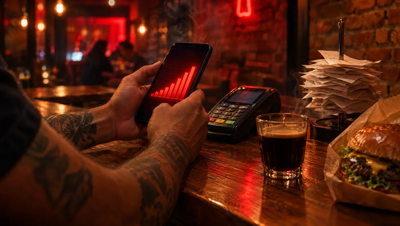 Dono de restaurante conferindo o gráfico de vendas no celular, ao lado da maquininha e das comandas