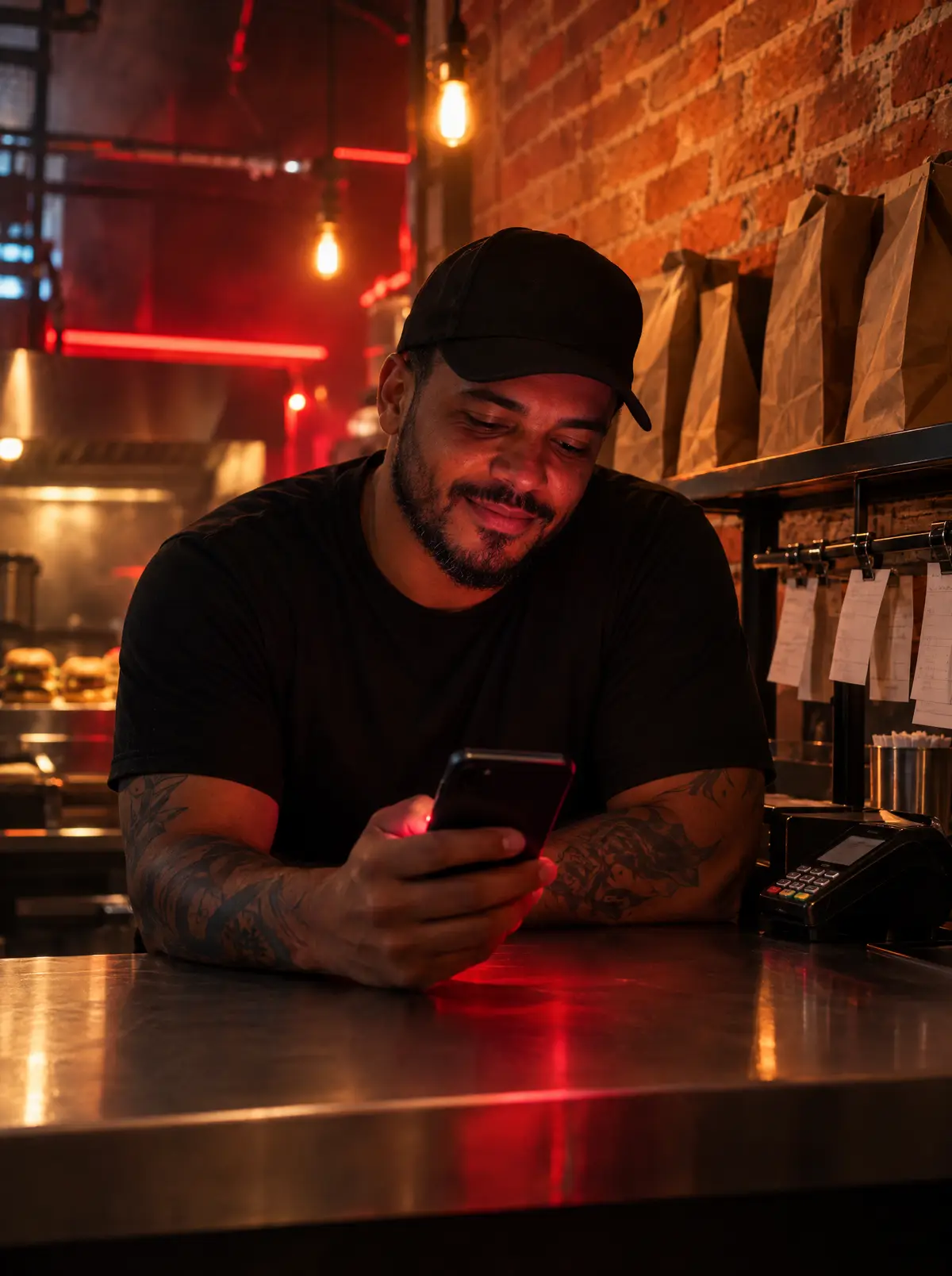 Dono de hamburgueria conferindo os números da loja no celular, no balcão