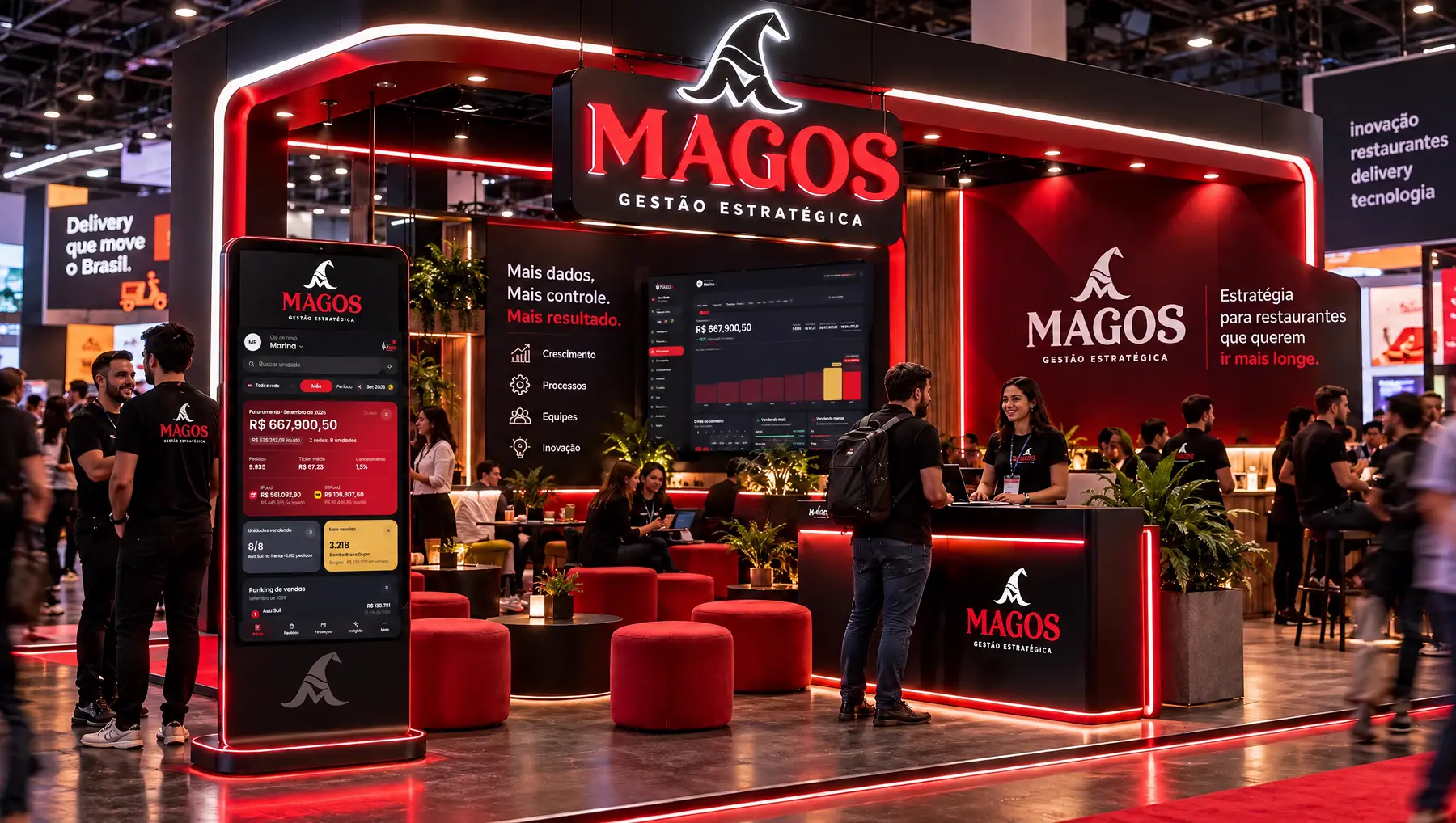 Estande da Magos numa feira de food service, com o Painel Mago nas telas